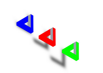 Penrose triangle icon in three  colors neon. Geometric 3D object optical illusion. illustration.