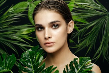pretty woman green leaves clean skin cosmetics