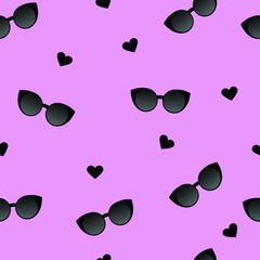 Black glasses and hearts on a pink background. Seamless beautiful fashionable pattern. For fabric, design, wallpaper, textile, cards. 