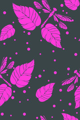 Fototapeta na wymiar Seamless pattern with the image of pink dragonfly , leaves on a gently grey background and circles. Texture for cloth, summer textiles, wallpaper,card, banners,prints