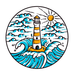 lighthouse and sea waves illustration