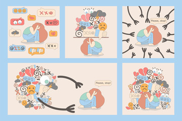 set of five cyberbullying Illustrations with a scared woman