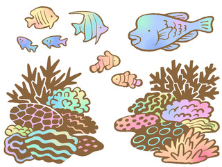 サンゴ礁と熱帯魚の手描きイラストセット