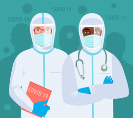 Multiracial medical team Doctors in protective clothes during coronavirus pandemic. Epidemic of coronavirus covid 19. Fighting and stop Spread of Covid-19 (corona virus) outbreak emergency concept.