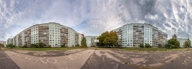 Soviet time apartment blocks district 360 degree panorama in Riga, Latvia