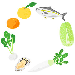 冬の食材　野菜と果物と魚　フレーム