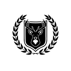 Fototapeta premium Deer head with antlers on shield icon isolated on white background. Hunting trophy on wall sign