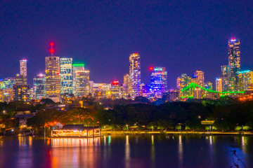 Fototapeta na wymiar The Night Cityscape of the Brisbane city in Queensland, Australia. Australia is a continent located in the south part of the earth.