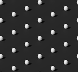 Many white chicken eggs with shadow on black seamless isometric background