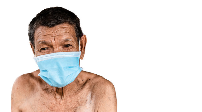 Isolate image on white background and clipping path of elderly Asian poor man wear a mask to prevent Coronavirus 2019 infections(COVID-19).