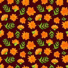 Fototapeta na wymiar Seamless pattern with marigolds on dark backdrop