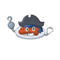 Grilled sausage cartoon design style as a Pirate with hook hand and a hat