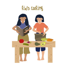 Kids girls cooking at home, kitchen table and food, little chef presenting healthy dinner cartoon isolated vector illustration.
