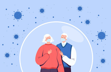 Old man and woman stand in a bubble that protects against the new coronavirus COVID-2019.