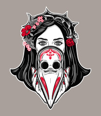 Beautiful woman in a crown of thorns, holding a plague doctor mask -medieval gothic tattoo style.Symbol of unity, solidarity and support in a health crisis. Isolated vector illustration.