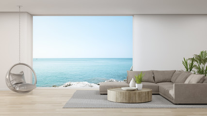 Fototapeta na wymiar Sofa on wooden floor of large living room in modern house or luxury hotel. Minimal home interior 3d rendering with sky and sea view.