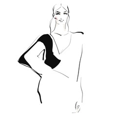 Young beautiful woman, model. Fashion illustration in sketch style. Vector