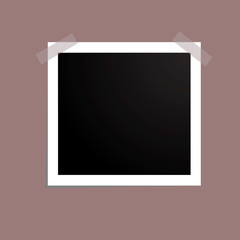 A black square in a white frame glued on top with two ribbons on a light burgundy background. Vector illustration.