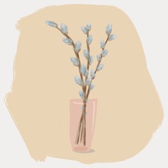 Willow branches in a vase on beige background. Hand drawn illustration made in procreate in high resolution. Might be used in posters, brochures, textures, wallpapers, etc.
