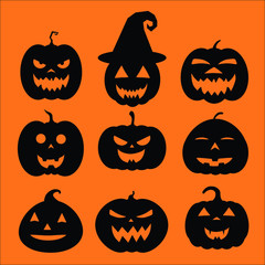 Set of halloween pumpkins, funny faces. Autumn holidays. Vector illustration