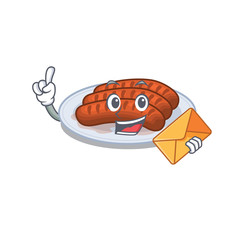 Happy grilled sausage mascot design concept with brown envelope
