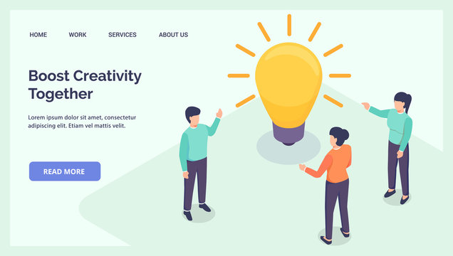 boost creativity together people talk idea for website landing homepage template banner isometric