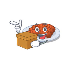 An picture of grilled sausage cartoon design concept holding a box