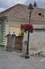bonita fachada  con farola y flores