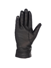 Isolated woman's hand wearing a black leather glove palm up, fingers together, thumb turned out