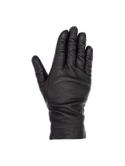Isolated woman's hand wearing a black leather glove palm down, fingers together, thumb turned out