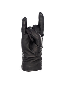 Isolated woman's hand wearing a black leather glove in a horns gesture palm up, middle and ring fingers tucked into the palm by the thumb, index and little fingers extended