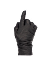 Isolated woman's hand wearing a black leather glove palm down, in a pointing gesture with the thumb tucked in and fingers tightly together