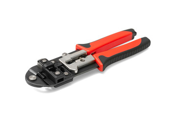 Crimping tool on a white background. Internet tool. Tool for electrician fitter or Builder. Isolated