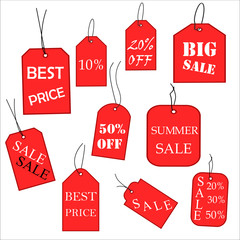 Tags for clothes in red with the words 