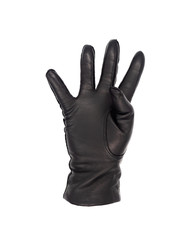 Isolated woman's hand wearing a black leather glove with four fingers up and thumb tucked in gesture palm up, indicating the number 4