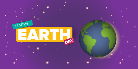 Obraz na płótnie Canvas World earth day horizontal banner with earth globe isolated on violet space background with stars. Vector World earth day concept horizontal illustration with planet isolated on black background