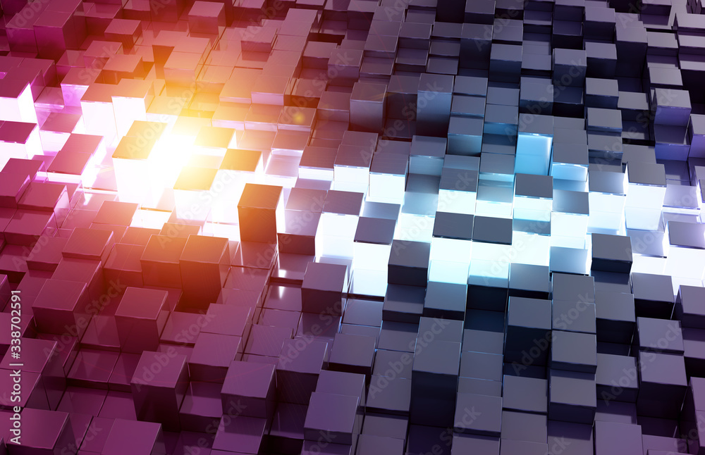 Poster Glowing black blue and pink squares background pattern 3D rendering