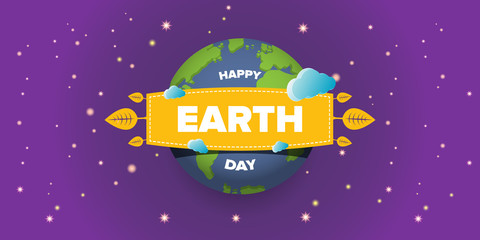 World earth day horizontal banner with earth globe isolated on violet space background with stars. Vector World earth day concept horizontal illustration with planet isolated on black background