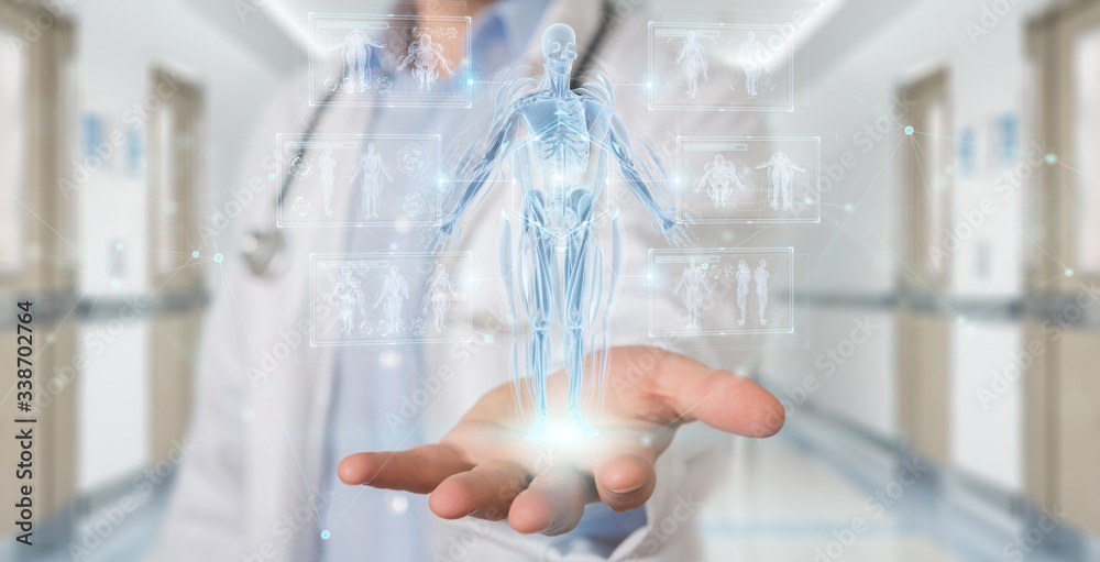 Poster radiologist using digital x-ray human body holographic scan projection 3d rendering