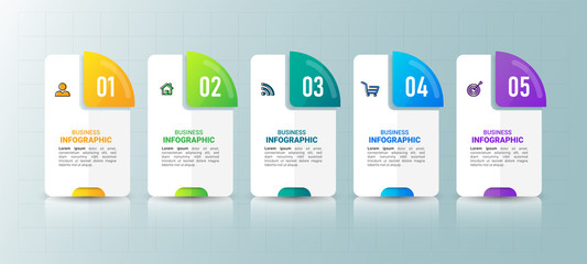Infographics design template, 3D Business concept with 5 steps or options, can be used for workflow layout, diagram, annual report, web design.Creative banner, label vector.	
