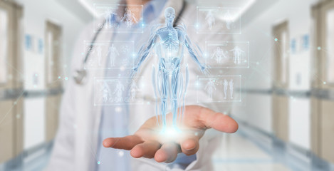 Radiologist using digital x-ray human body holographic scan projection 3D rendering