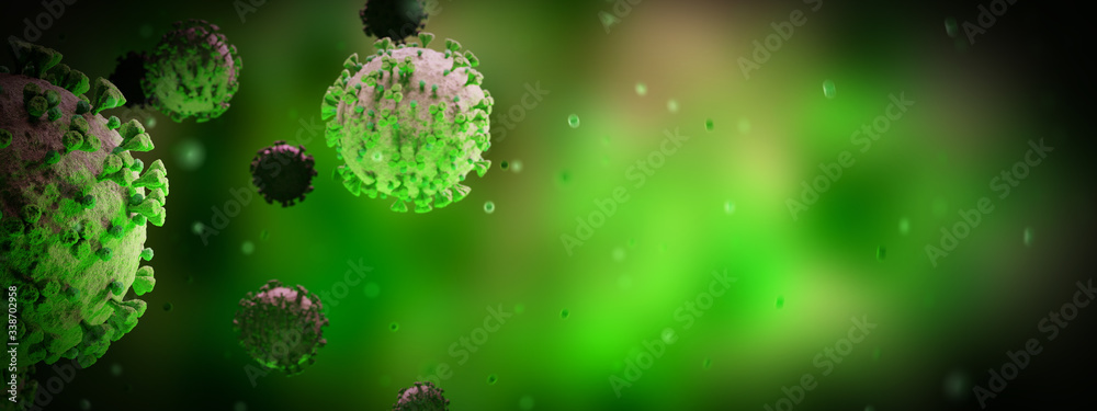 Poster microscopic close-up of the covid-19 disease. coronavirus illness spreading in body cell. 2019-ncov 