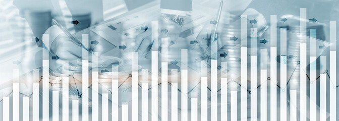 Investment trading financial analysing forex currency economy growth abstract background business people modern city.