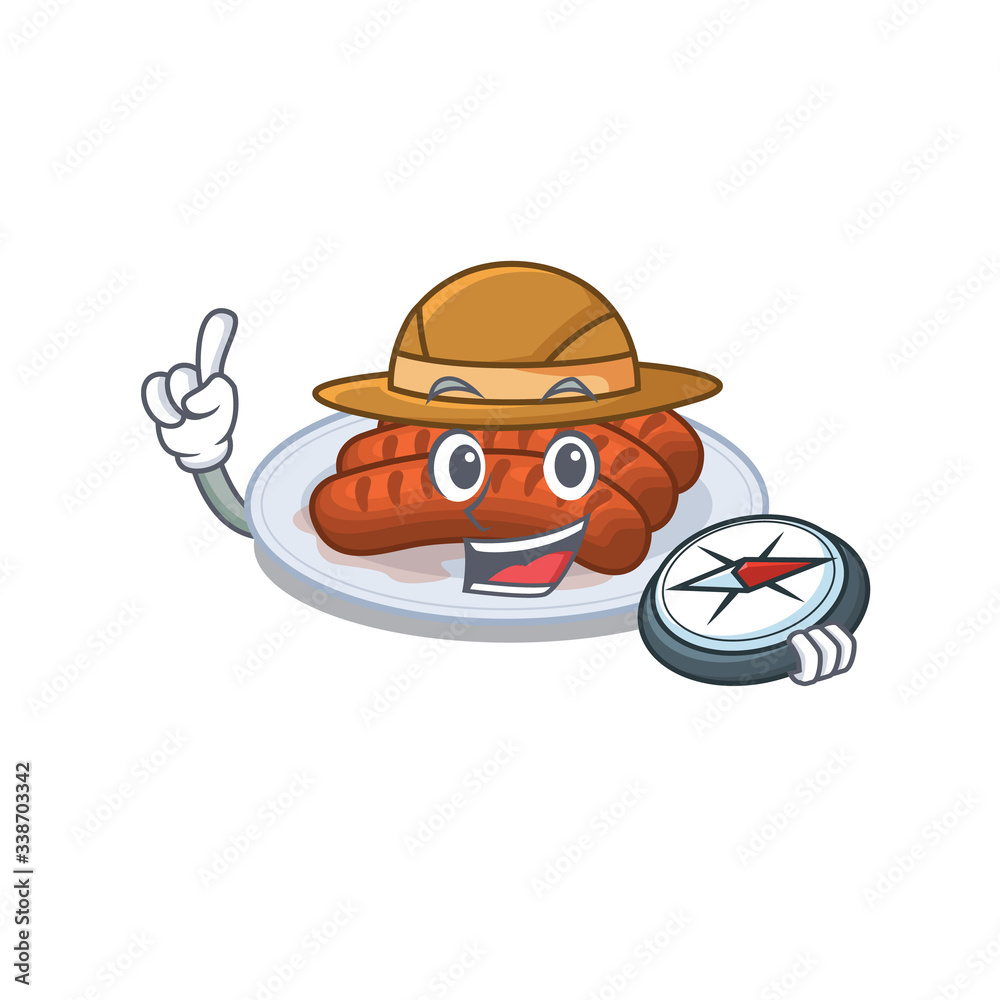 Poster mascot design concept of grilled sausage explorer with a compass