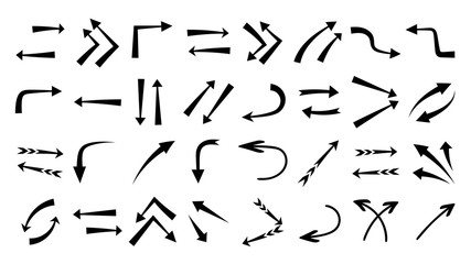 Arrows hand drawn doodle vector set. Sketch arrow design for application, banner, print screen, pen marks, map and typography design guide line.