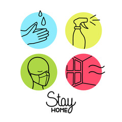 Vector illustration of disinfection and hygiene for health icons.  Wash your hands, disinfect, ventilate the rooms, wear a protective mask. Pandemic Coronavirus disease COVID-19.