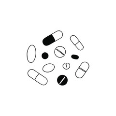 Pill black and white illustration. Concept for healthcare and medicine symbol. Pharmaceutical preparations, vitamins, drugs in container sign.