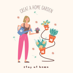 Stay at home. Create a home garden. Girl florist watering potted flowers. Vector illustration.
