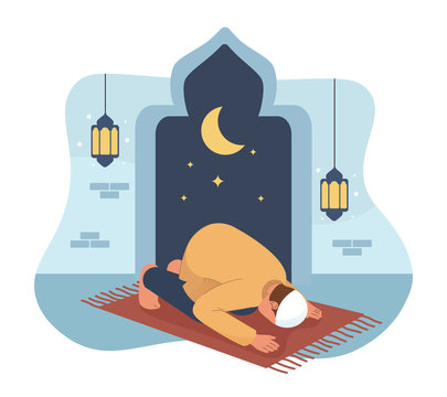 Muslim Man Praying In Mosque. Ramadan Kareem Flat Cartoon Character Illustration