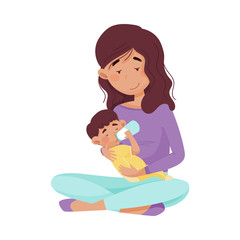 Female Mother Sitting and Bottle Feeding Her Baby Vector Illustration